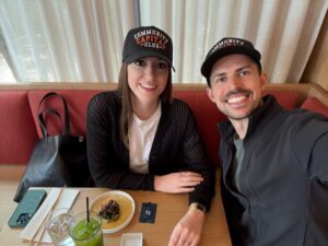 My partner and I having lunch discussing our founder's playbook